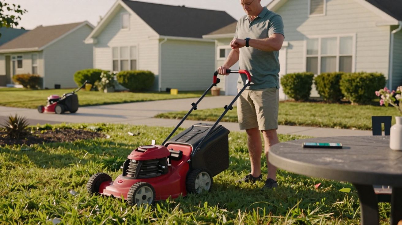 Homem a cortar a relva com um corta-relvas vermelho numa zona residencial ao fim da tarde.