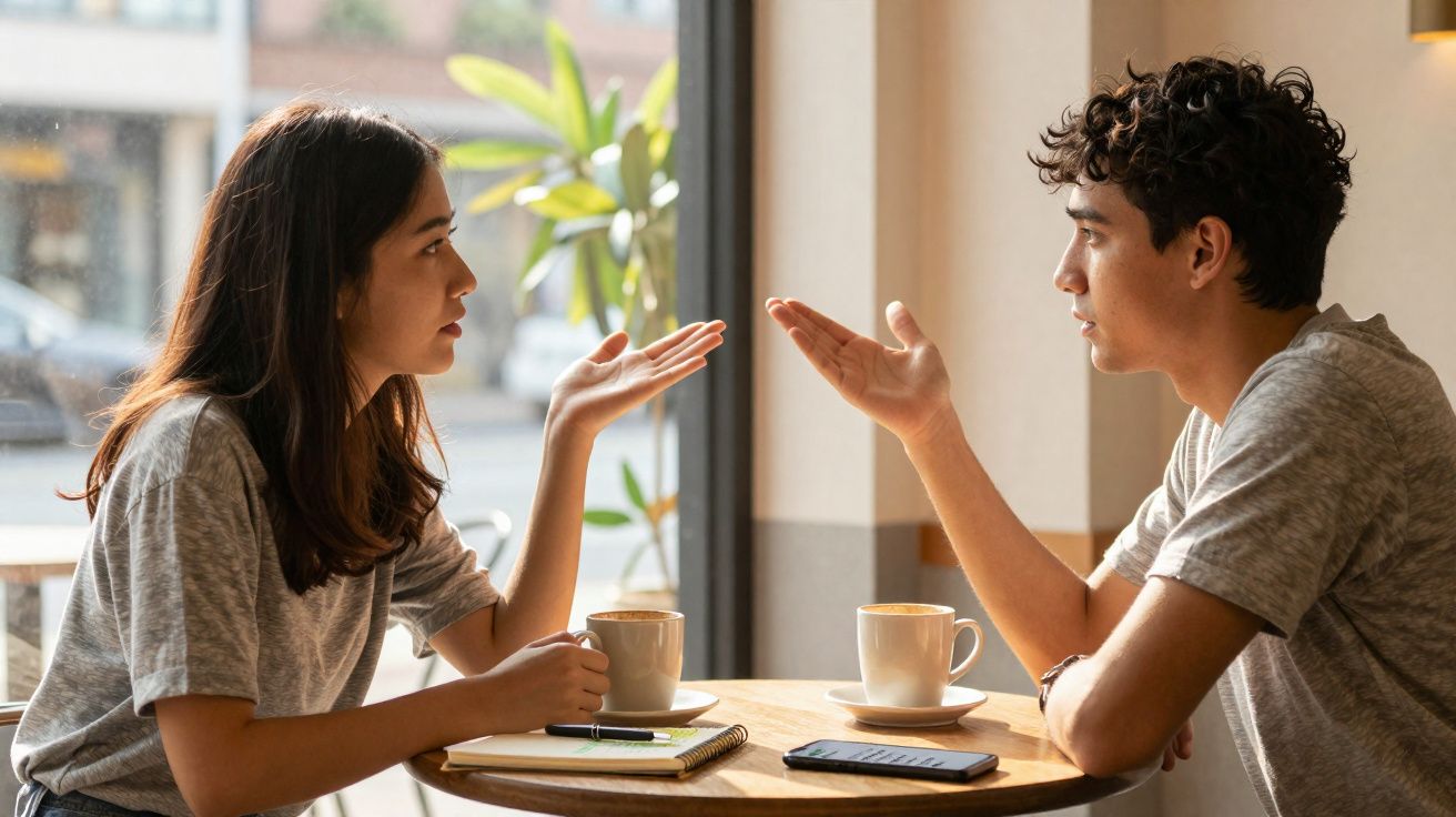 Casal jovem a conversar animadamente num café, com chávenas, caderno e telemóvel na mesa.