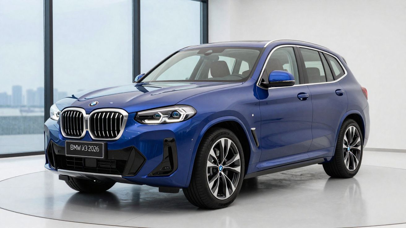 BMW iX3 2026 SUV elétrico azul em exposição num showroom moderno com janelas panorâmicas.