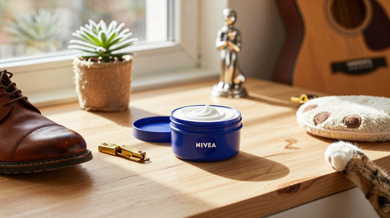 Pote aberto de creme Nivea em mesa de madeira com sapato, planta, guitarra e pata de gato.