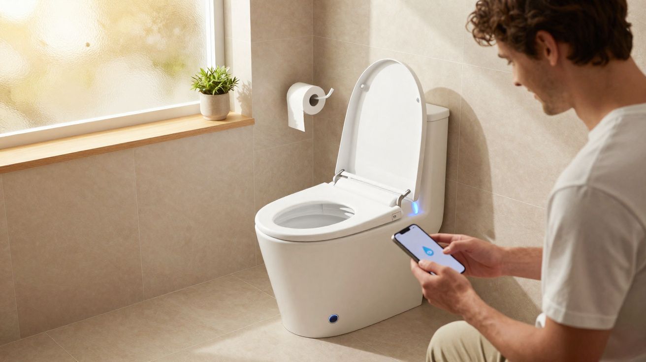 Homem usando telemóvel para controlar sanitário inteligente numa casa de banho moderna e iluminada.