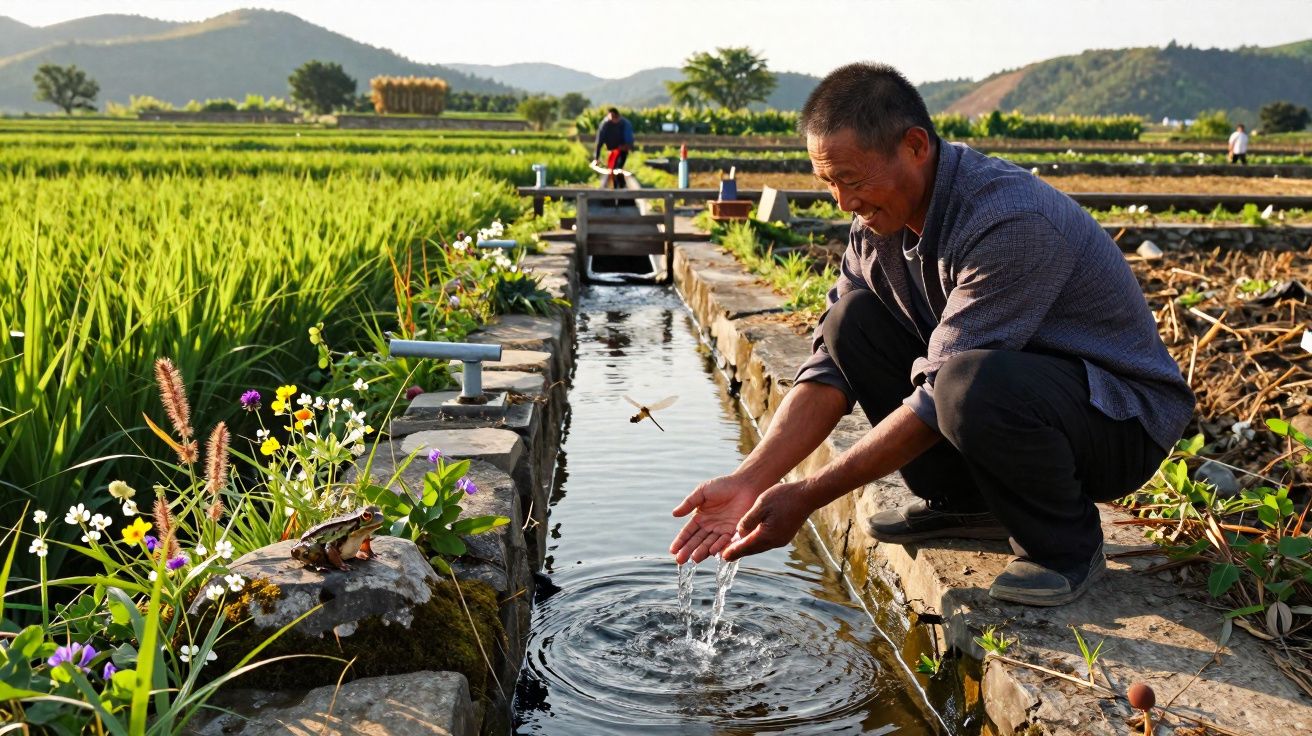 Homem agacha perto de um canal de água num campo verdejante com flores e montanhas ao fundo.