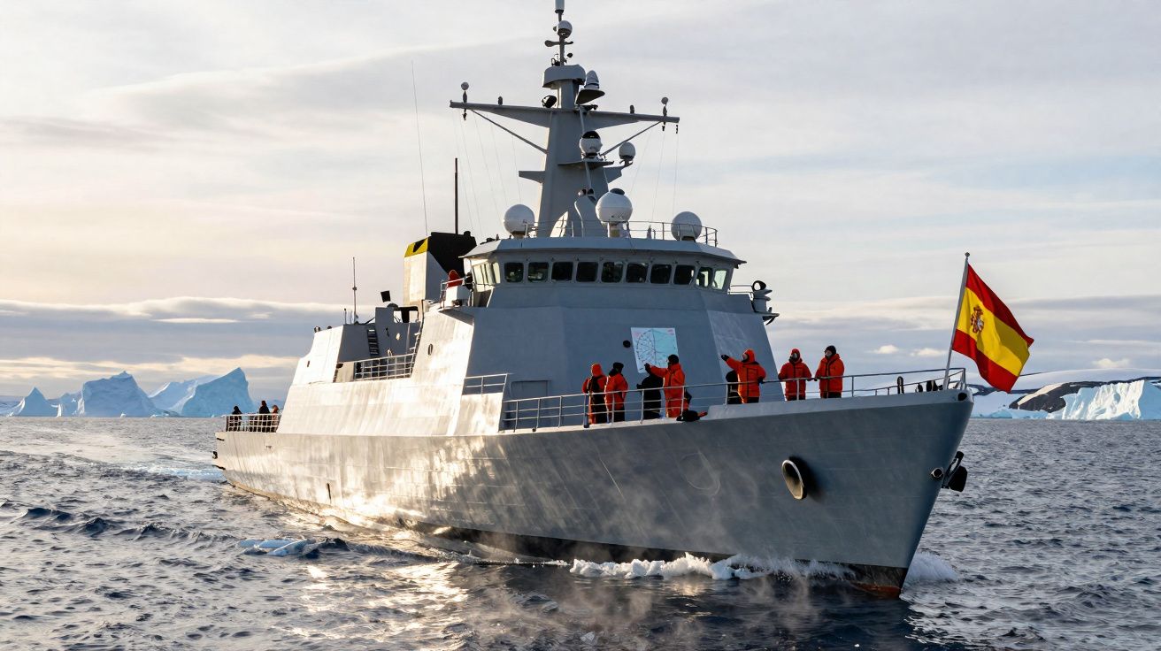 Navio militar cinzento com pessoas de coletes vermelhos e bandeira de Espanha navega em águas geladas perto de icebergues.
