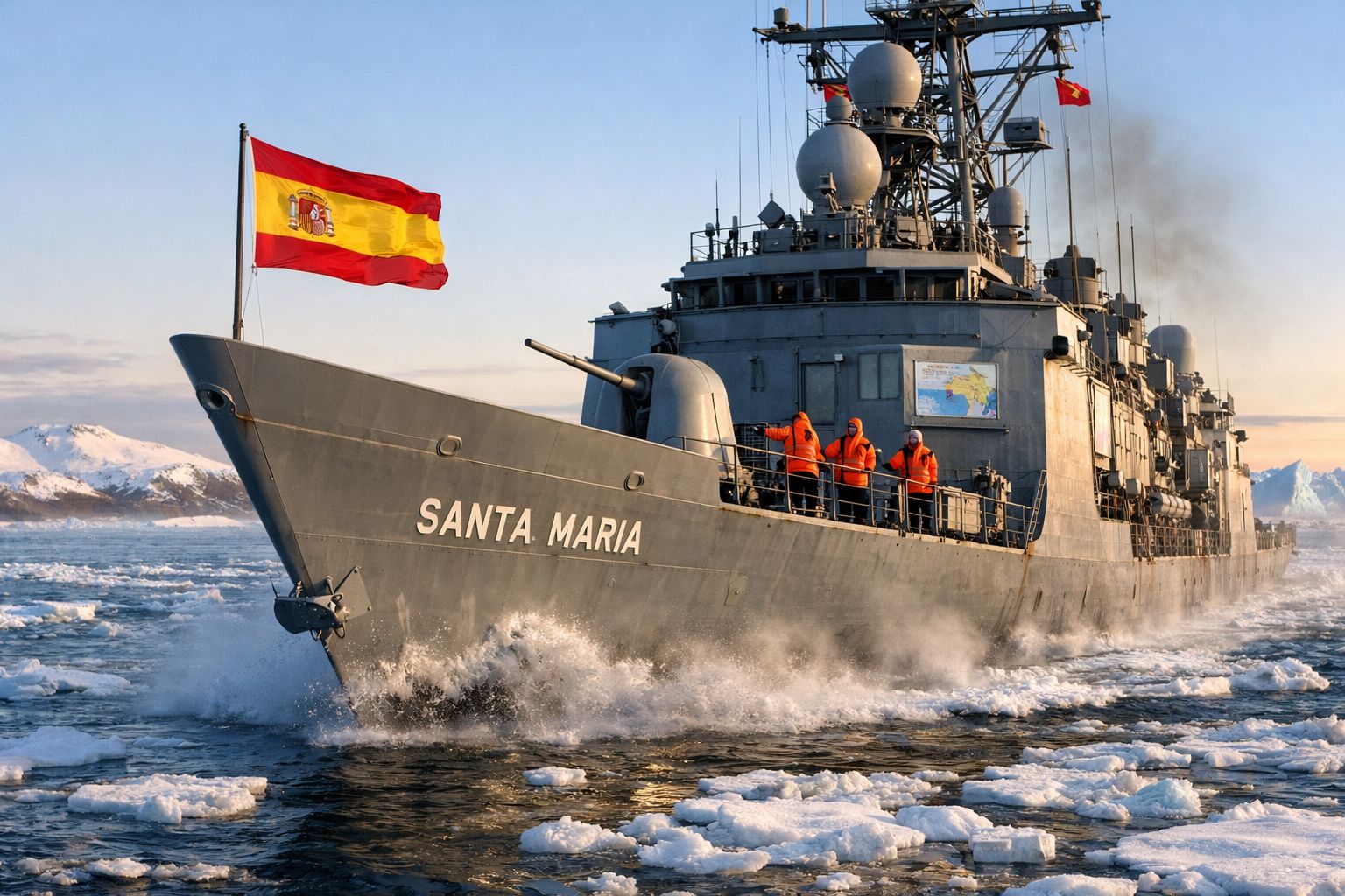 Navio de guerra espanhol Santa Maria navegando em águas geladas com tripulantes de coletes laranja a bordo.