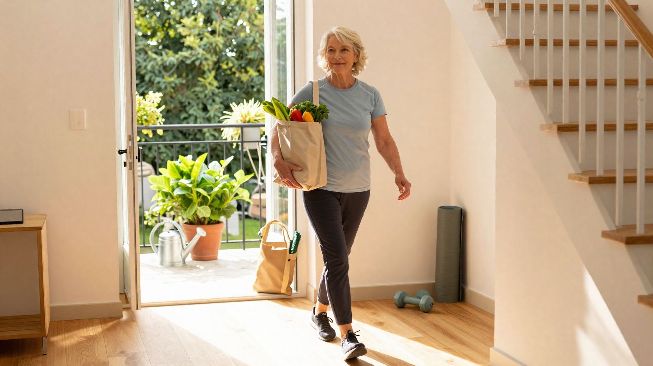 Mulher mais velha a entrar em casa com saco de compras com legumes, luz natural e plantas na varanda.