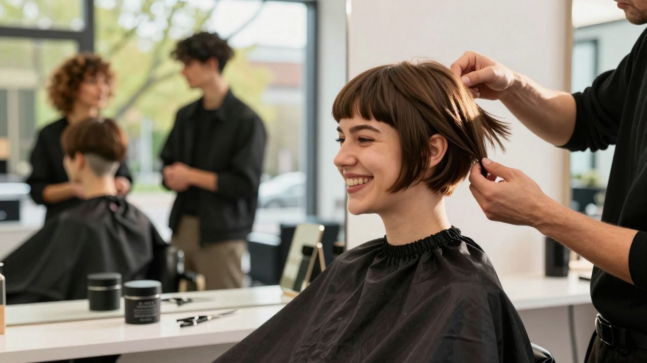 Mulher sorridente a cortar o cabelo num salão moderno com cabeleireiro a ajustar o penteado.