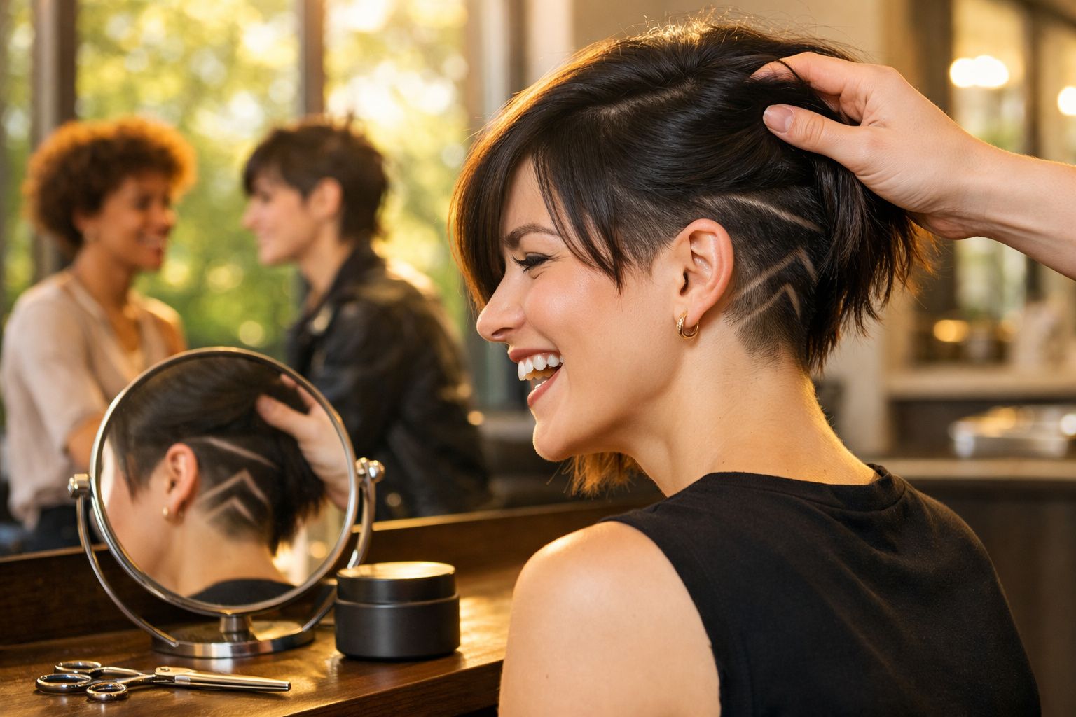 Cliente sorridente com corte de cabelo curto e riscas desenhadas no cabelo, numa barbearia moderna.