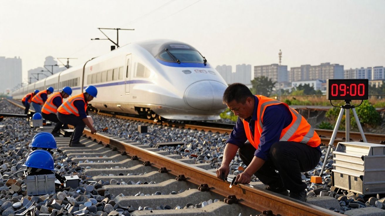 Trabalhadores com coletes e capacetes azuis a inspecionar carril de comboio de alta velocidade junto a relógio digital com 09