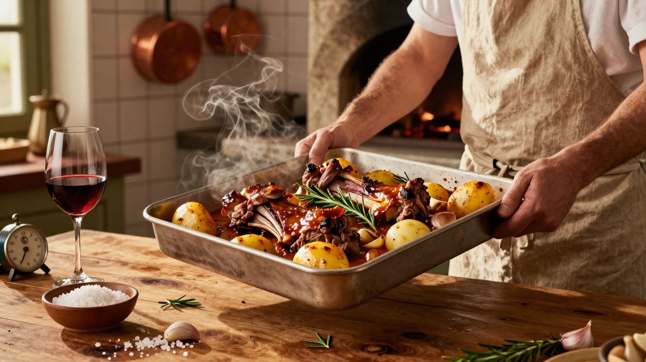 Pessoa a segurar tabuleiro com carne assada, batatas e alecrim, junto a copo de vinho tinto e temperos na mesa.