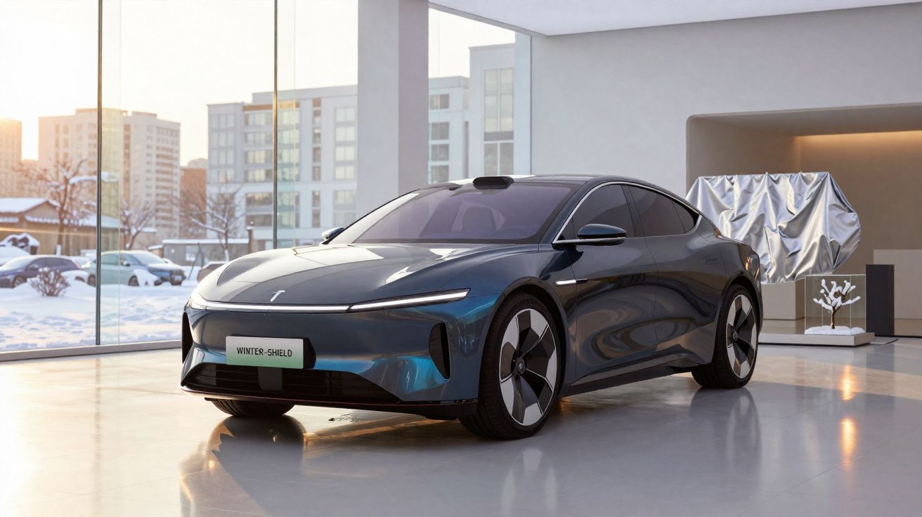 Carro elétrico azul escuro moderno estacionado em interiores com grandes janelas e vista para cidade nevada.