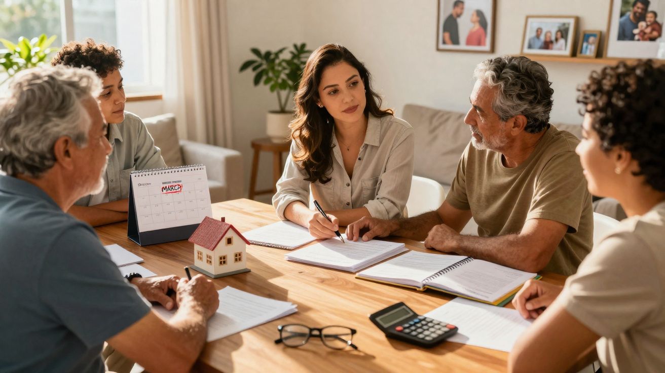 Grupo de cinco pessoas em reunião à mesa, com documentos, calculadora e maquete de casa.