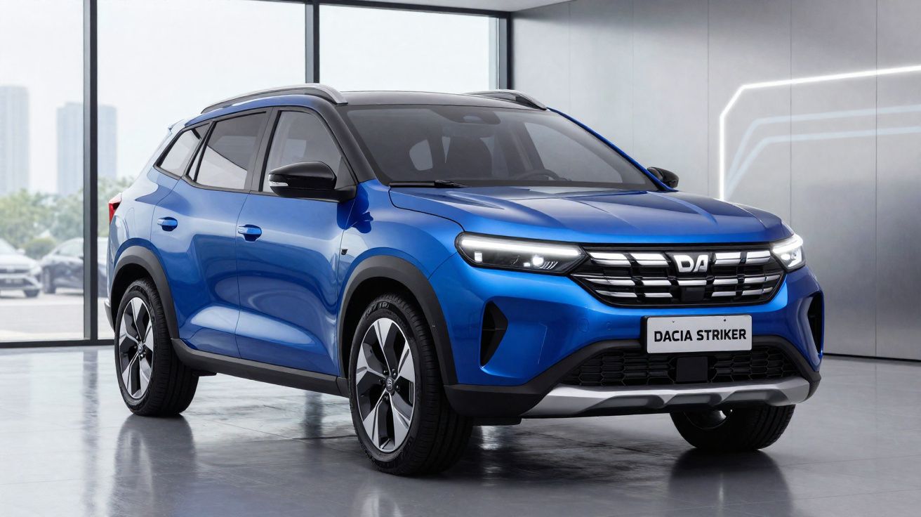 Carro SUV azul Dacia Striker estacionado em espaço interior moderno com luz natural.