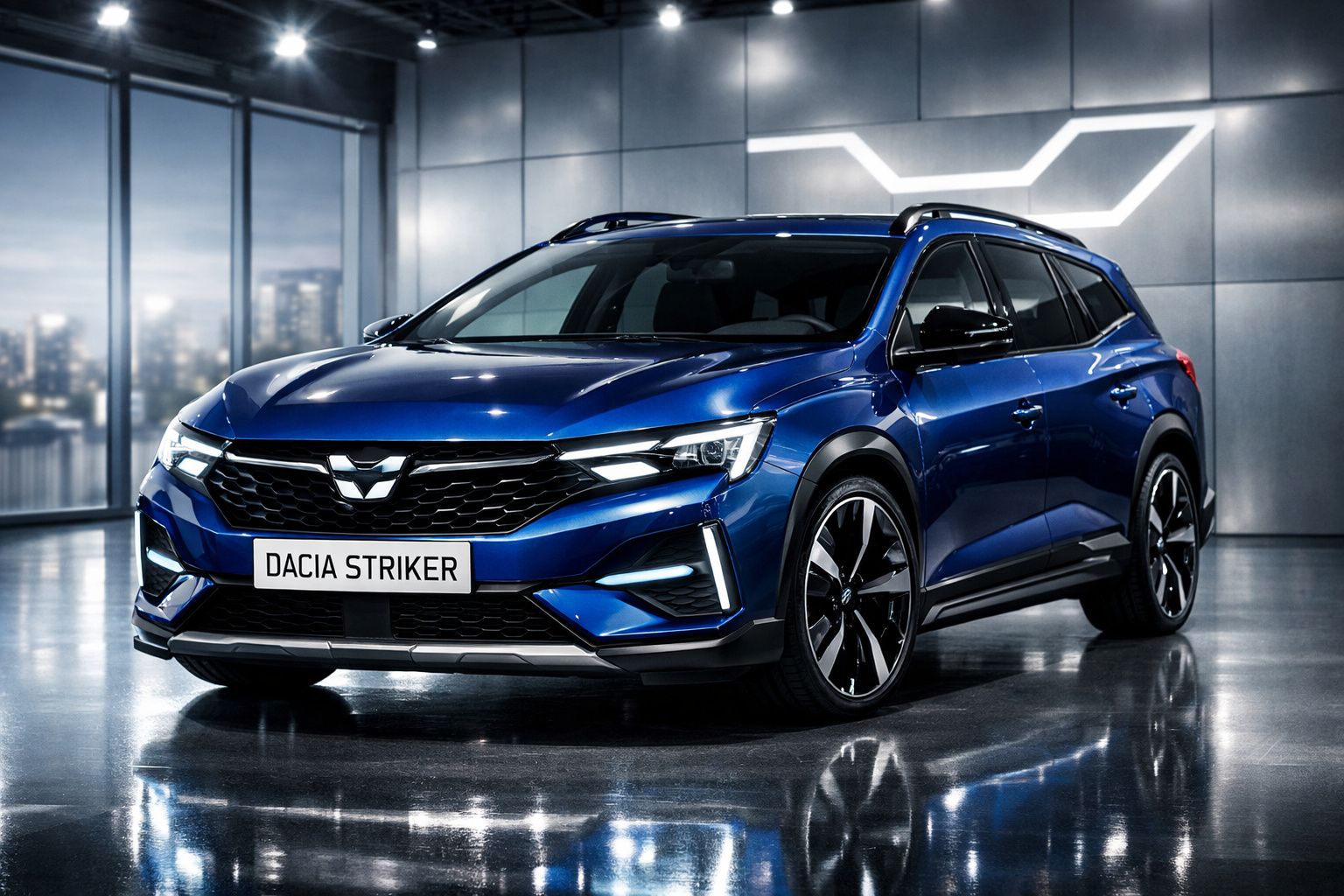 Carro Dacia Striker azul metálico estacionado em ambiente moderno com luzes LED acesas.