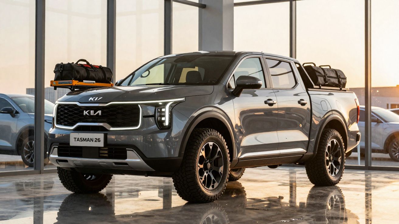 Picape Kia Tasman 26 cinzenta em showroom com bagagem no tejadilho e caçamba.