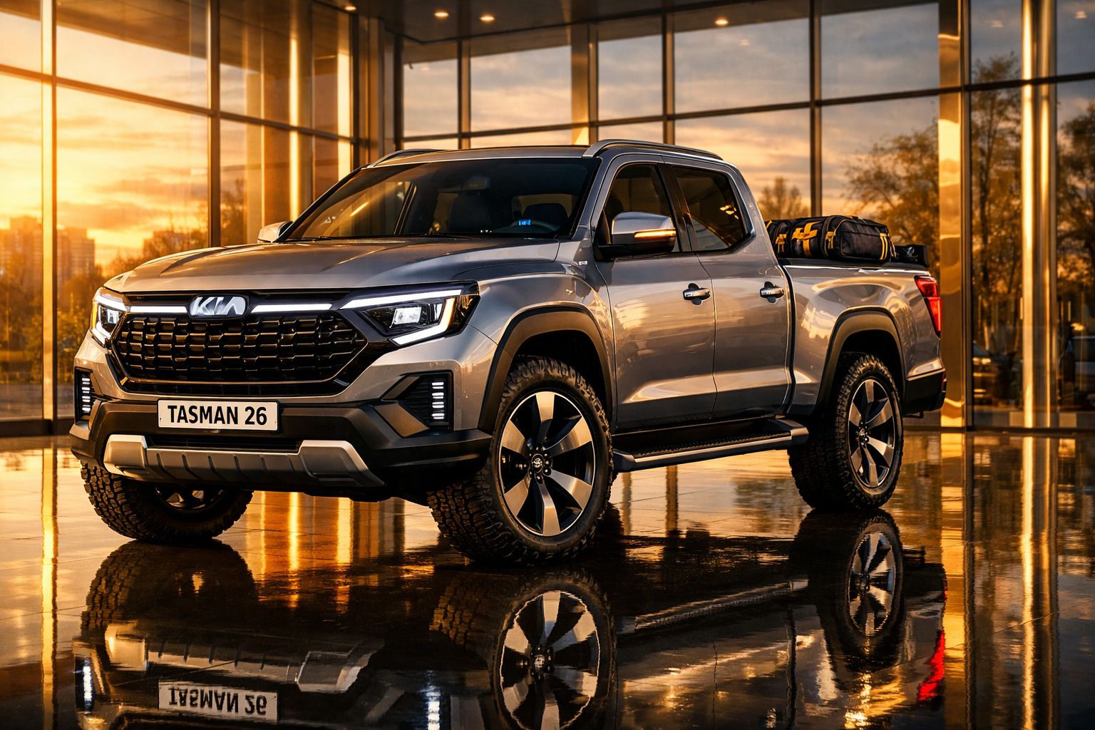 Pick-up Kia Tasman cinzenta reflexiva estacionada junto a janela de vidro ao pôr do sol.