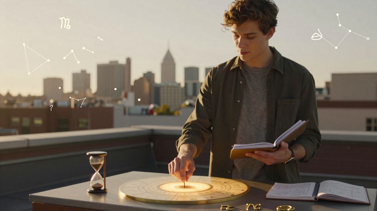 Jovem a estudar astrologia num terraço ao entardecer, com instrumentos e livros abertos.