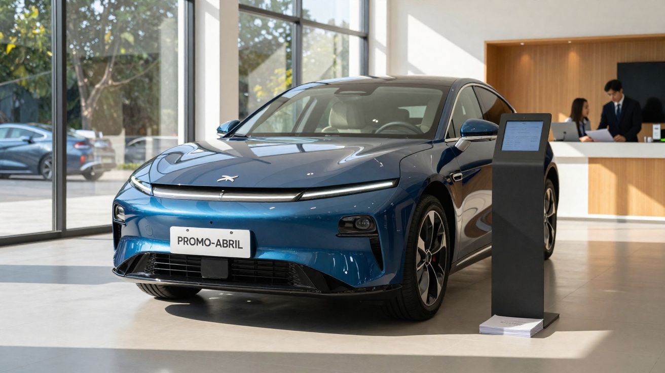 Carro elétrico azul exposto numa sala com grandes janelas e ecrã informativo ao lado.