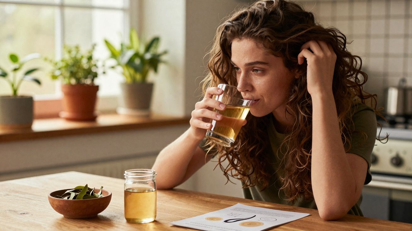 Mulher jovem a beber chá numa cozinha, sentada numa mesa de madeira com plantas à janela.