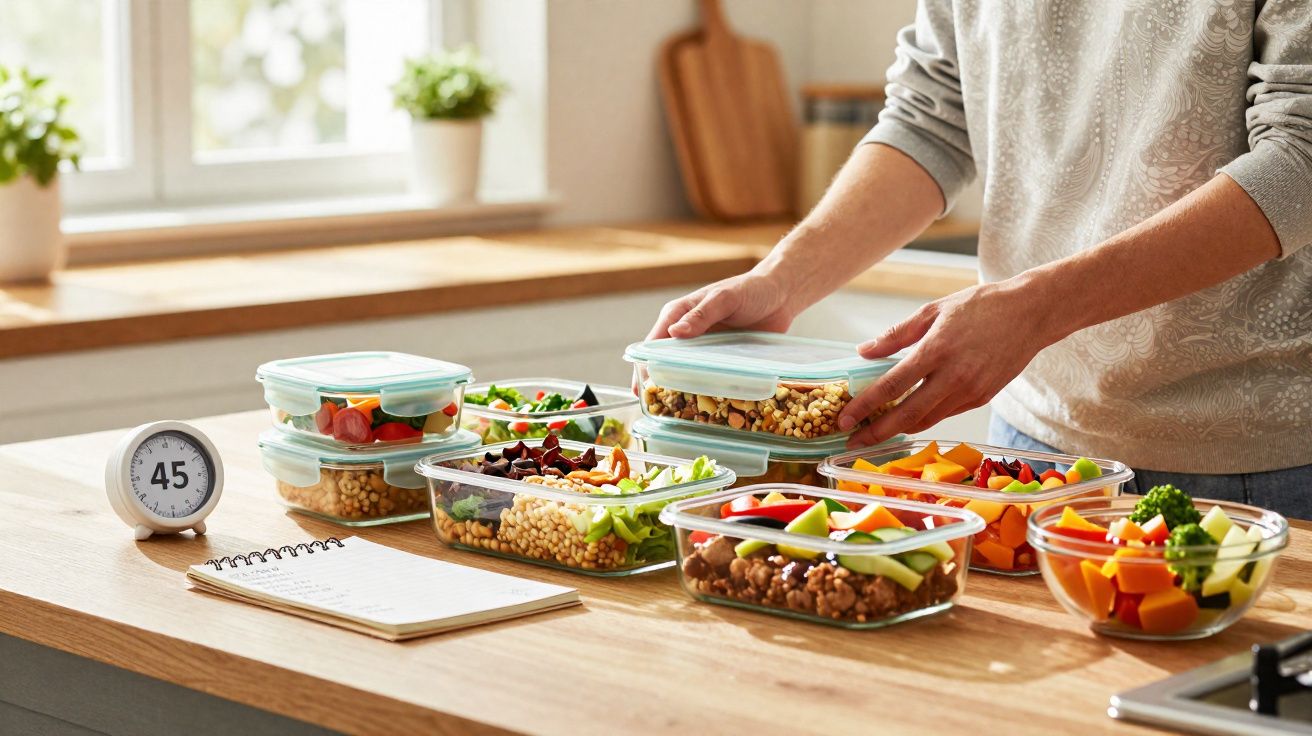 Pessoa a organizar refeições saudáveis em recipientes de vidro numa cozinha bem iluminada, com caderno e temporizador.