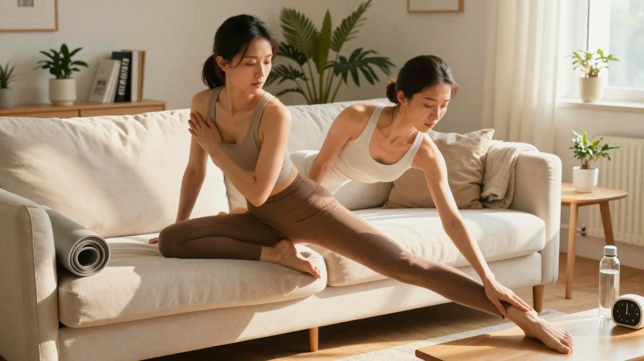 Duas mulheres a praticar yoga e alongamentos numa sala de estar luminosa.