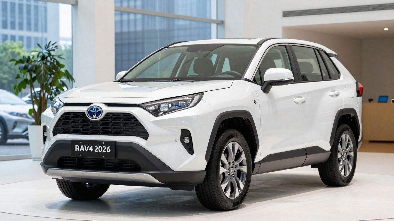 Carro Toyota RAV4 2026 branco exibido numa sala de exposição moderna com plantas e janelas largas.