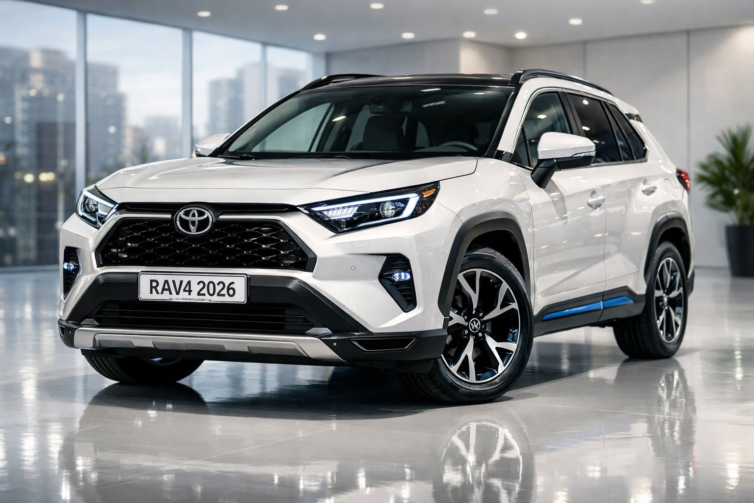 Toyota RAV4 2026 branco com tejadilho preto, mostrado numa garagem moderna e iluminada.