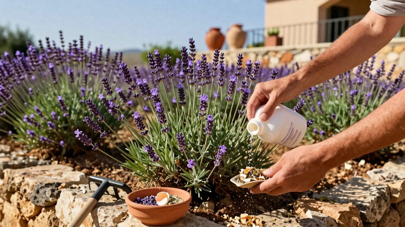 Pessoa a adubar plantas de lavanda num jardim com pedras e flores roxas sob céu azul.