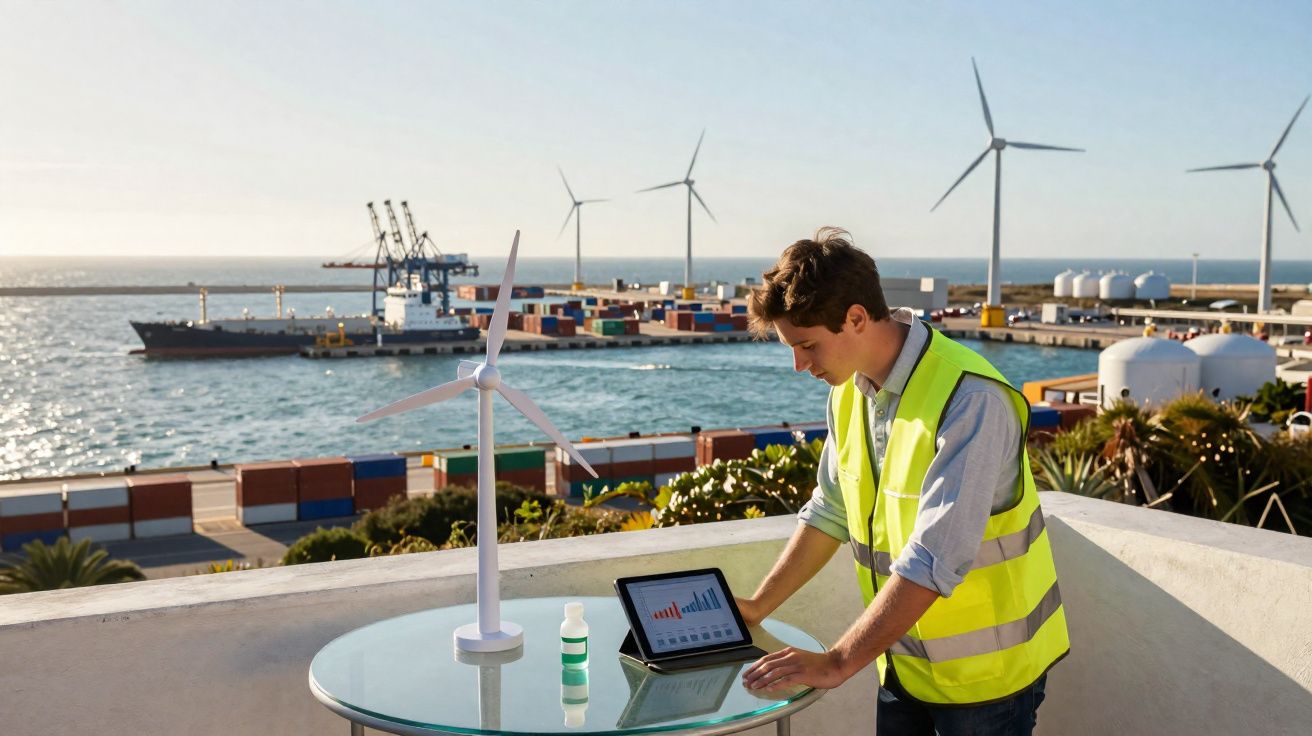 Homem com colete refletor analisa gráficos em tablet junto a modelo de turbina eólica num porto com contentores.