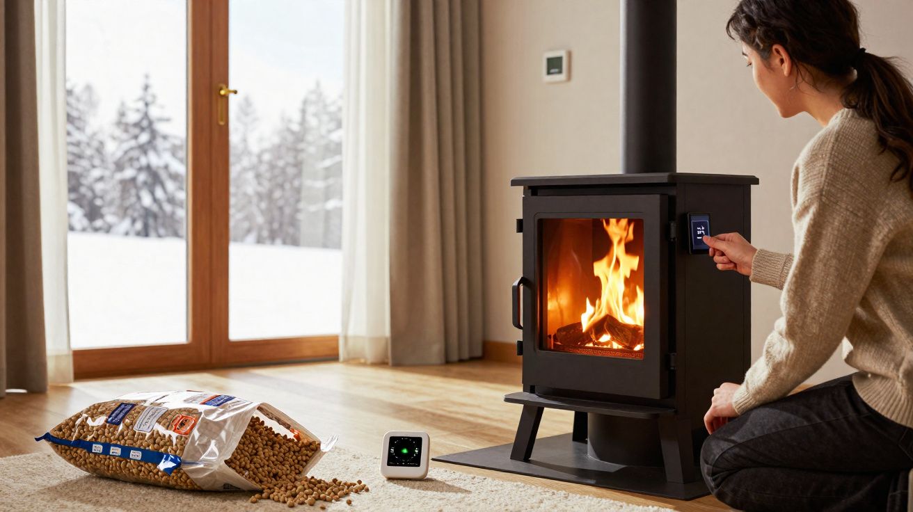 Mulher sentada junto a salamandra de lenha acesa num ambiente acolhedor com neve lá fora.