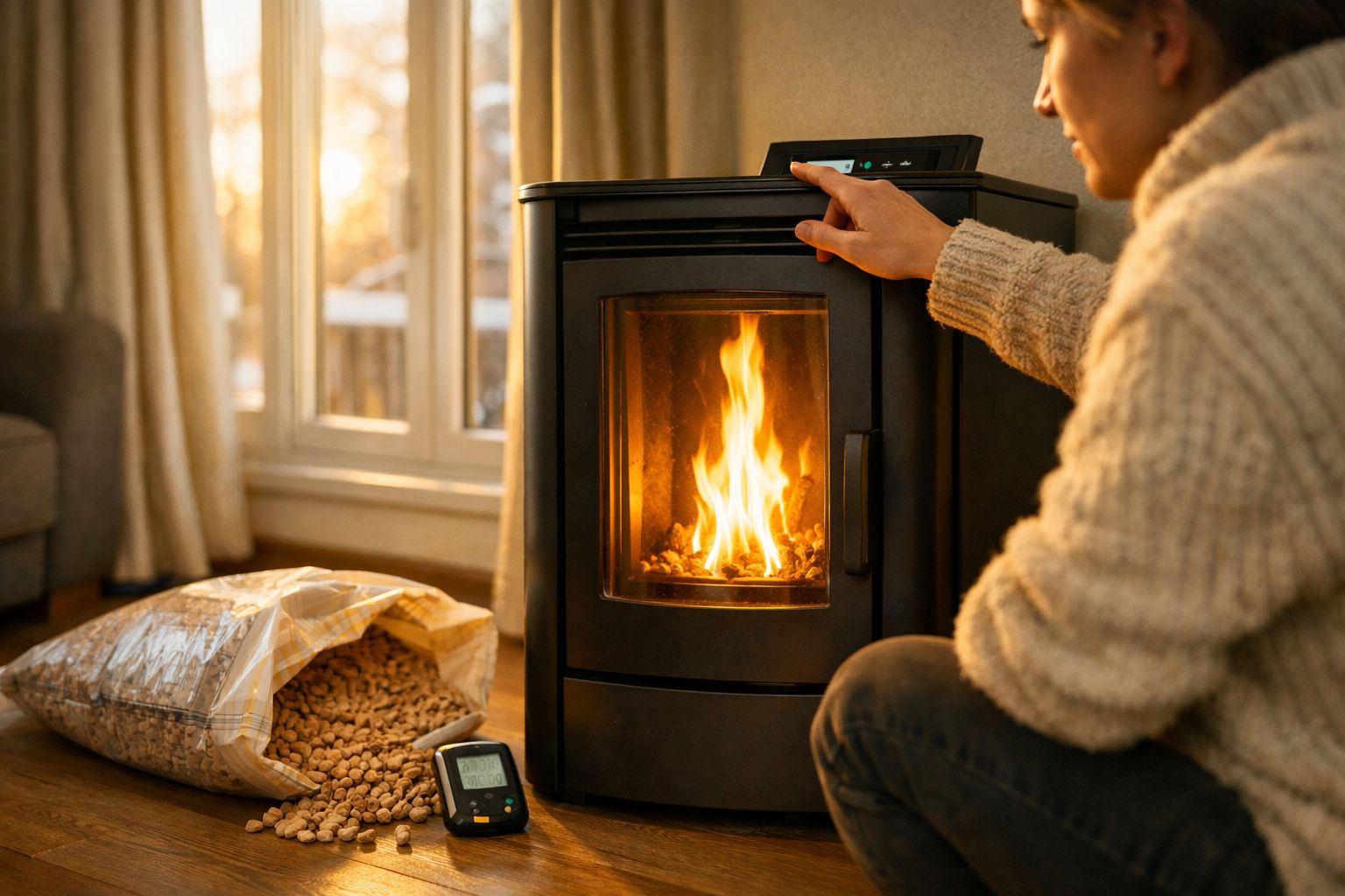 Pessoa a ajustar salamandra a pellets acesa numa sala com luz natural e saco grande de pellets no chão.