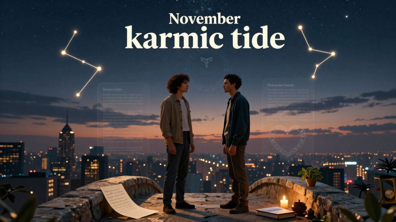 Dois jovens frente a frente no topo de um edifício à noite, com constelações desenhadas no céu estrelado.