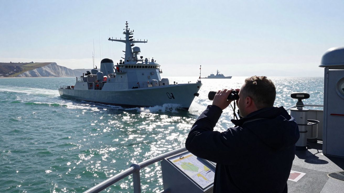 Homem observa com binóculos navio militar a aproximar-se no mar, com outra embarcação ao fundo e costa visível.