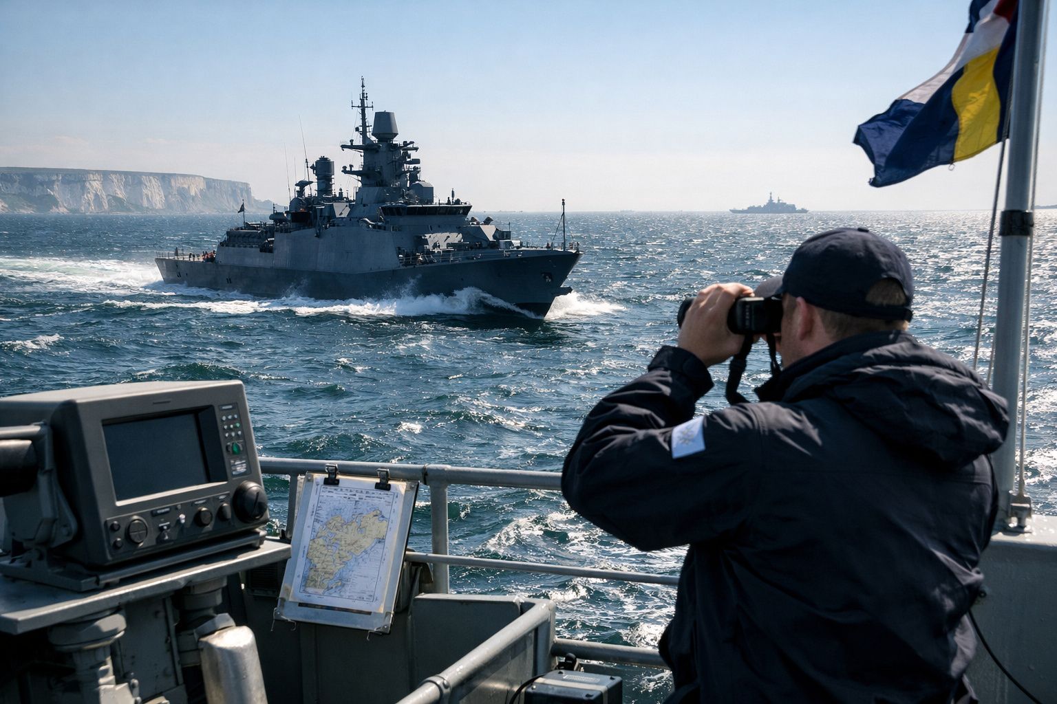 Homem com binóculos observa navio de guerra no mar durante patrulha naval.