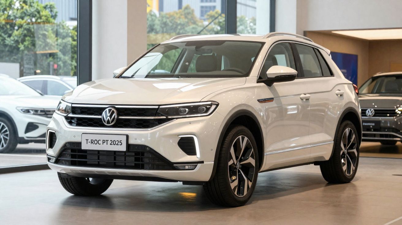 Volkswagen T-Roc branco modelo 2025 exibido numa sala de exposição moderna.