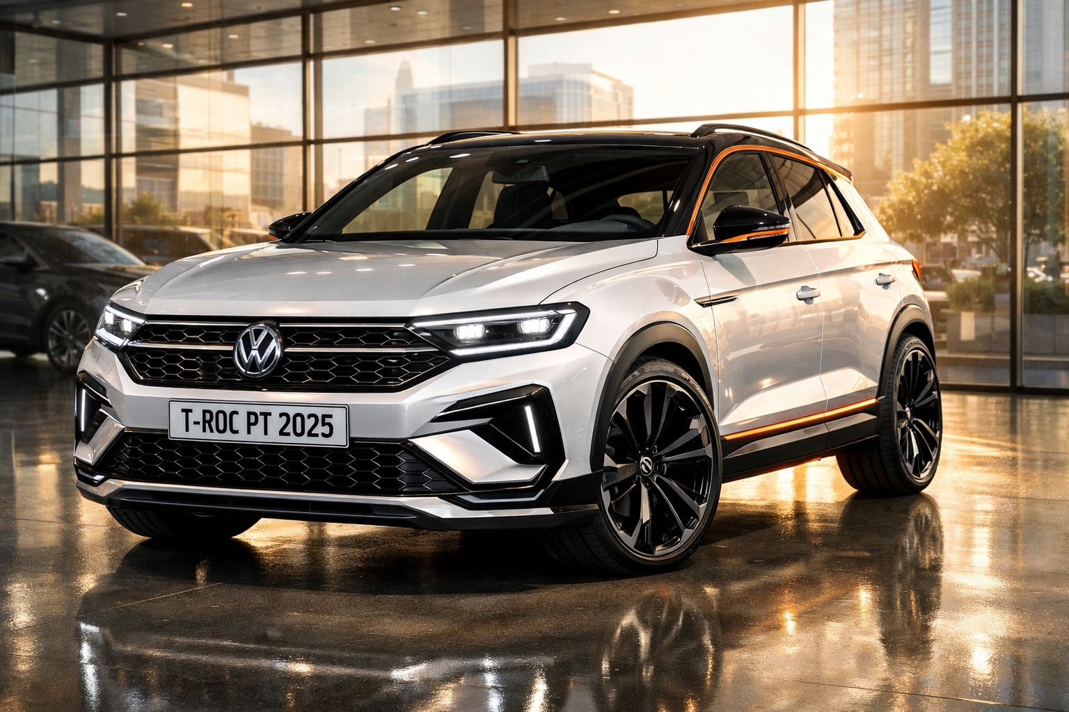 Volkswagen T-Roc 2025 branco com teto preto, estacionado interior com grandes janelas.