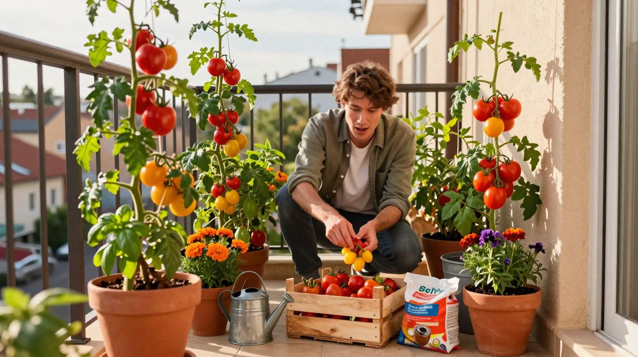 Homem colhe tomates amarelos numa varanda com várias plantas em vasos ao sol.
