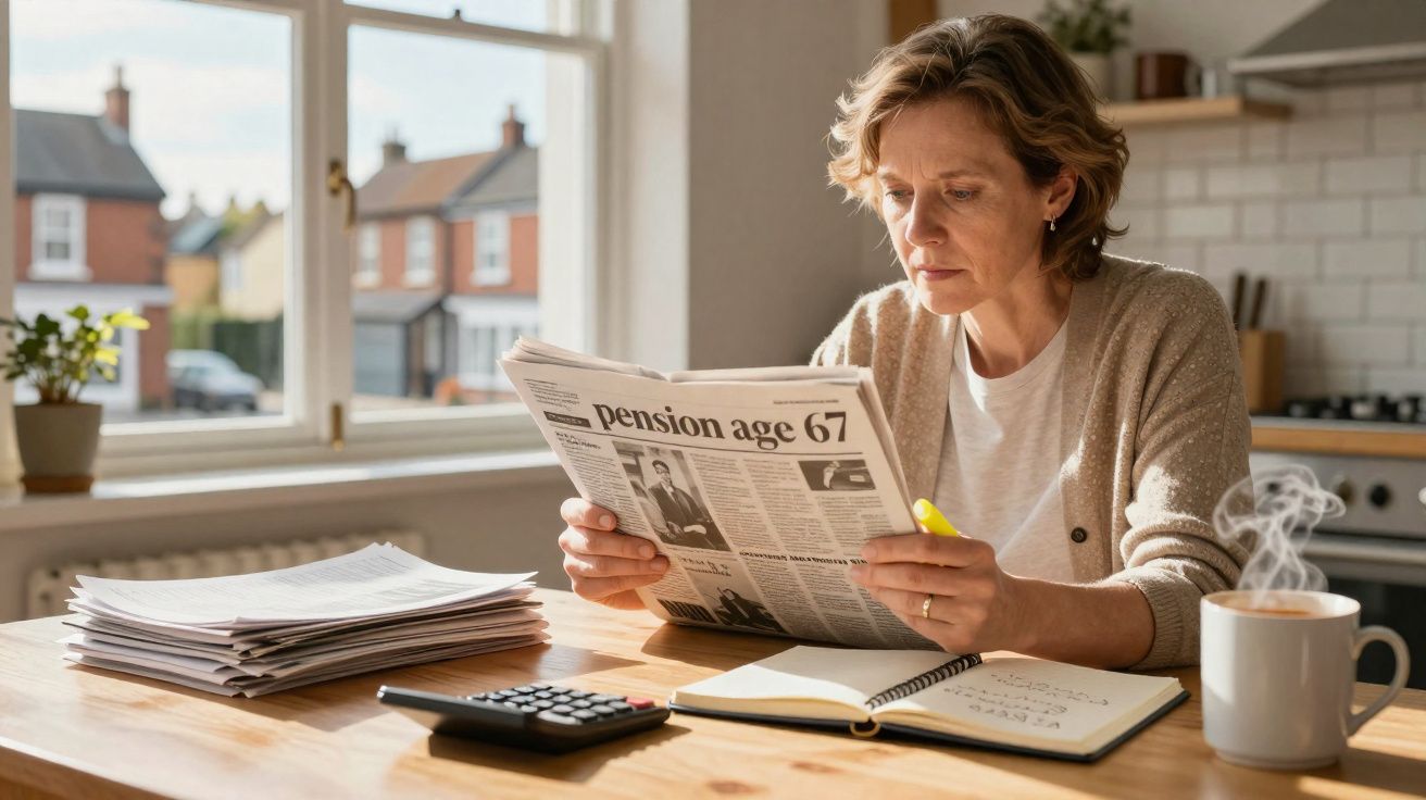 Mulher sentada a ler jornal sobre pensões com marcador amarelo, mesa com caderno, calculadora e chá quente.