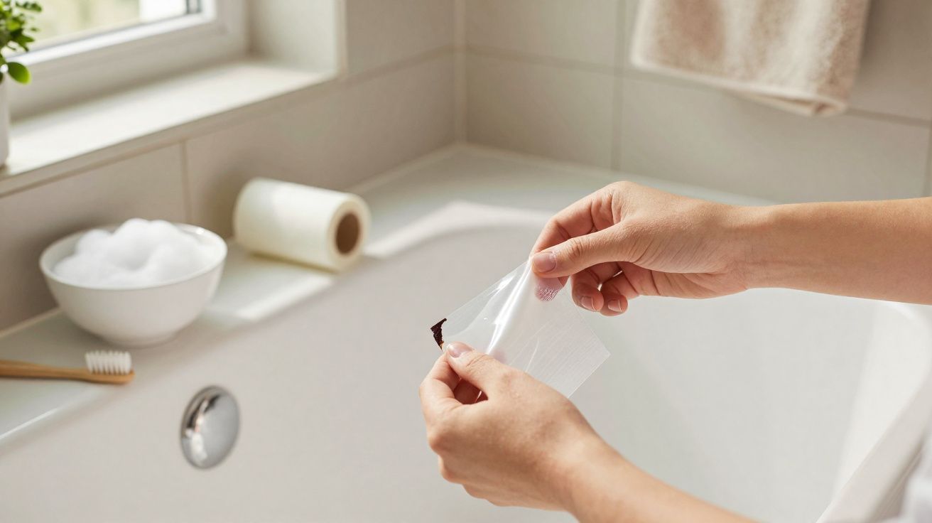 Pessoas a abrir uma saqueta de dispositivo de cera para eliminar cera do ouvido junto a uma banheira branca.