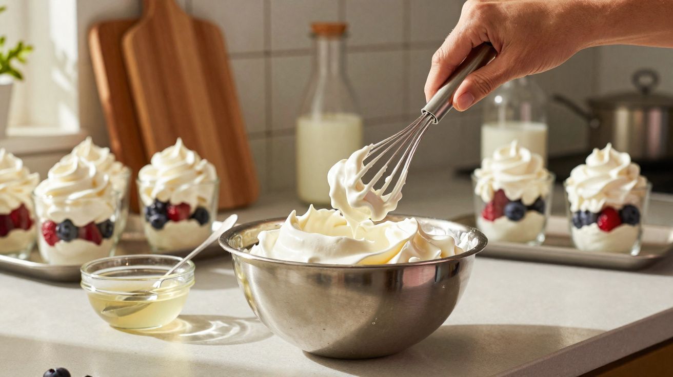 Mão a mexer chantilly em taça metálica, com copos de sobremesa com frutos vermelhos e chantilly ao fundo.