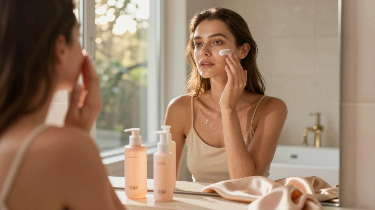 Mulher aplica creme hidratante no rosto em frente a espelho numa casa de banho iluminada pela luz natural.
