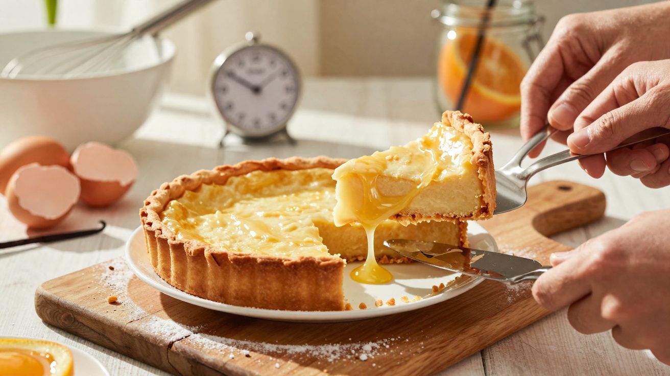 Tarte cremosa a ser servida, com gema de ovo a escorrer, num prato branco sobre tábua de madeira.