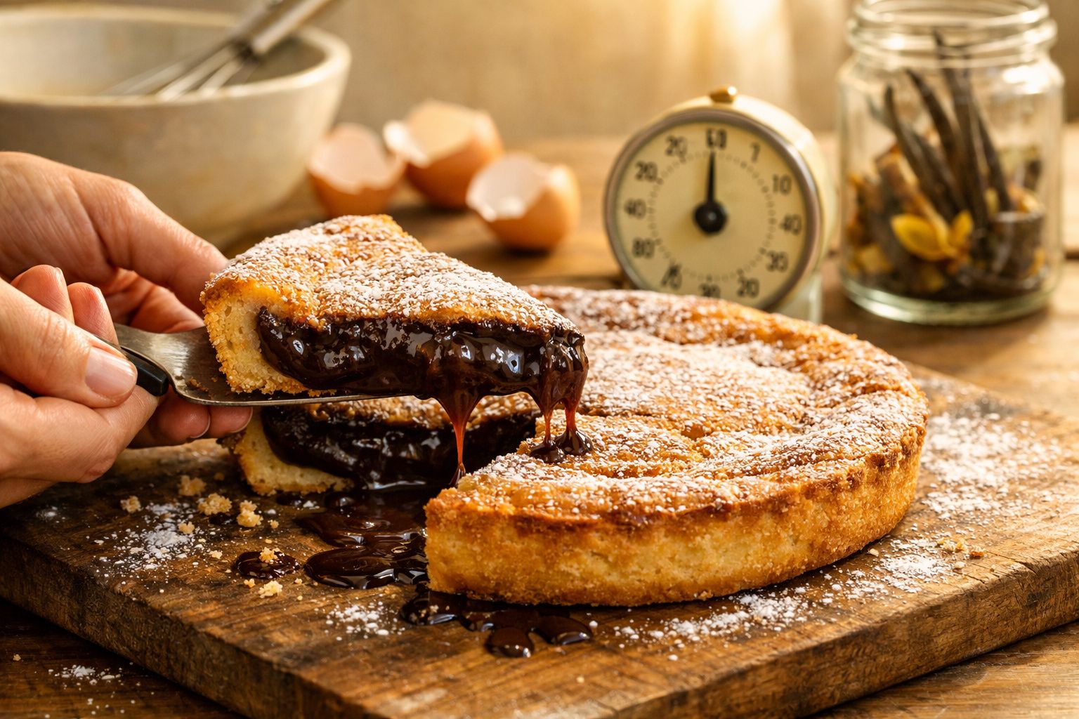 Mão a servir fatia de tarte dourada com recheio cremoso de chocolate e açúcar em pó sobre tábua de madeira.
