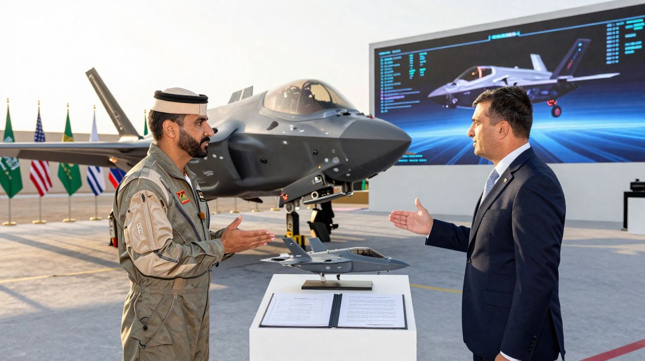 Dois homens, um piloto militar e um executivo, discutem com jato de combate e maquete em exposição ao fundo.