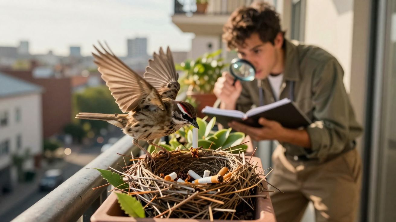 Homem observa ninho com cigarrilhas e pássaro pousado numa varanda urbana.