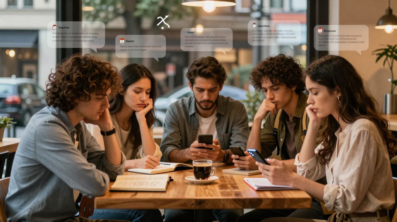 Grupo de cinco jovens sentados à mesa de café, concentrados nos seus telemóveis e notas.