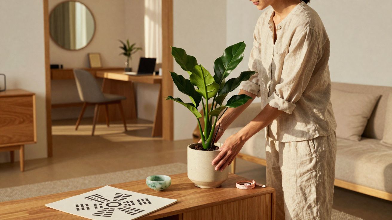 Pessoa a arrumar uma planta em vaso numa sala de estar moderna e luminosa com móveis em madeira clara.