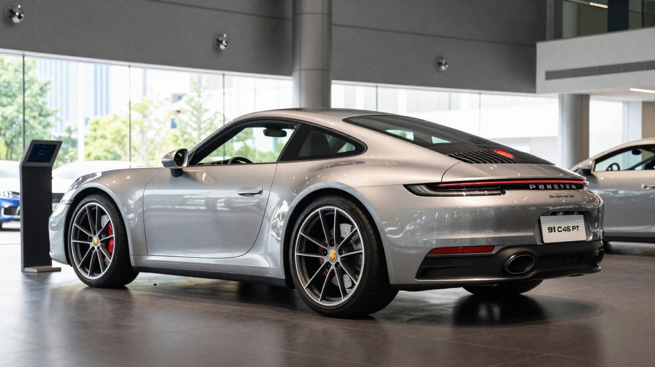 Carro desportivo Porsche prata estacionado num show-room moderno com grandes janelas e piso cinzento.