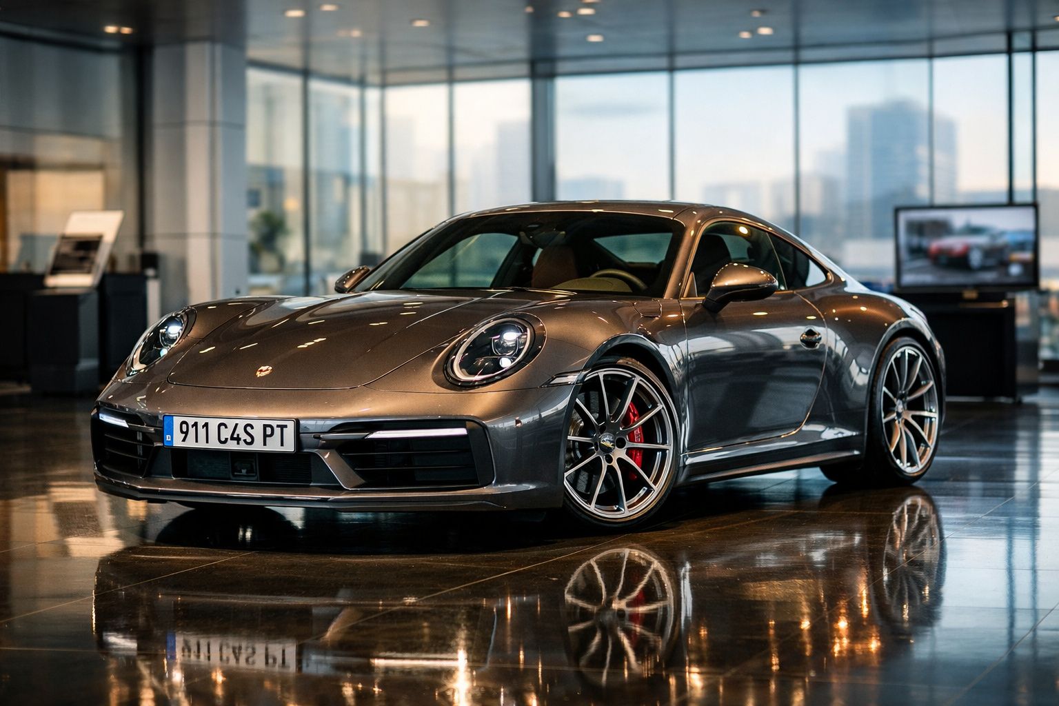 Carro desportivo cinzento Porsche 911 C4S estacionado no interior de edifício moderno com chão espelhado.