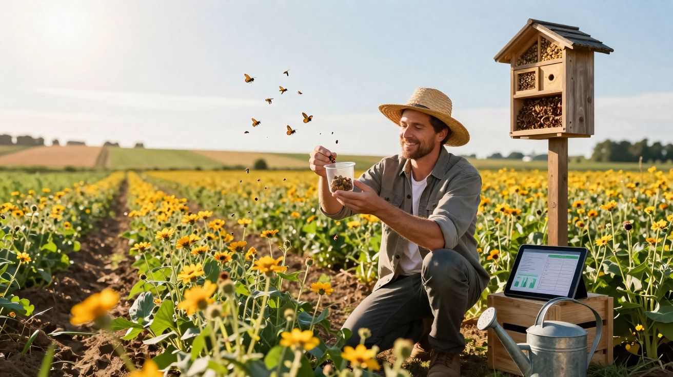 Homem com chapéu liberta borboletas numa plantação de flores amarelas com equipamento de agricultura sustentável.