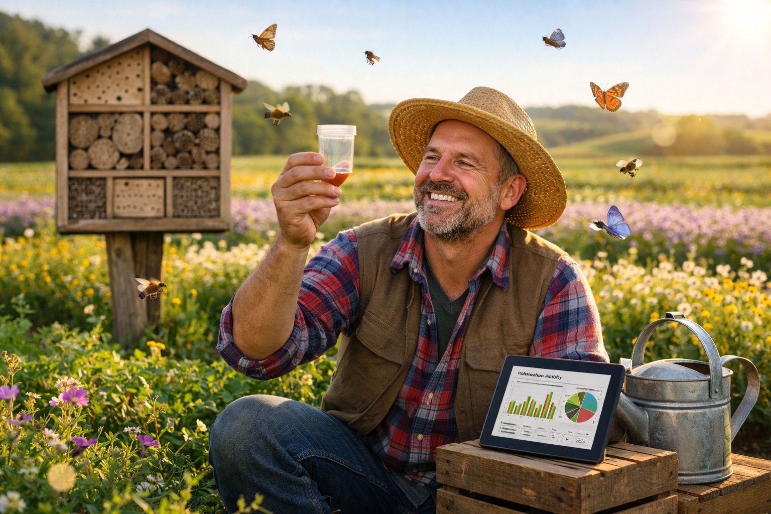Homem sorridente com chapéu de palha observa amostra de mel num campo florido com abelhas e borboletas, junto a sistema digit